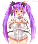  bat_wings blush breasts cleavage cleavage_cutout demon_girl head_wings highres large_breasts long_hair looking_at_viewer meme_attire open-chest_sweater purple_hair ribbed_sweater sachinama smile solo succubus sweater turtleneck wings 