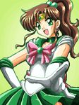  :d \m/ back_bow bishoujo_senshi_sailor_moon bow brown_hair choker circlet dragon_(artist) elbow_gloves gloves green_choker green_eyes green_sailor_collar green_skirt high_ponytail kino_makoto long_hair lowres oekaki oldschool open_mouth outstretched_arm pink_bow pleated_skirt sailor_collar sailor_jupiter sailor_senshi_uniform skirt smile solo white_gloves 