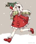  :d ahoge aircraft airplane alternate_costume coat horns kantai_collection long_hair mittens motohara_moka northern_ocean_hime open_mouth orange_eyes running scarf shinkaisei-kan smile snowing solo white_hair white_skin winter_clothes winter_coat 