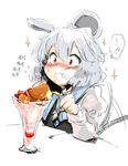  animal_ears between_legs blush cream cream_on_face eating food food_on_face foodgasm grey_hair harusame_(unmei_no_ikasumi) mouse_ears mouse_tail nazrin parfait red_eyes ribbon solo sparkle tail tail_between_legs tail_ribbon tail_wagging touhou 