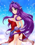  1girl angela angela_(seiken_densetsu_3) ass bare_shoulders breasts choker crown elf female gloves green_eyes leotard looking_at_viewer pointy_ears purple_hair seiken_densetsu seiken_densetsu_3 sideboob sky smile solo square_enix very_long_hair 