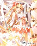  :d blonde_hair blush breasts cake dress elbow_gloves falkyrie_no_monshou food gloves large_breasts long_hair looking_at_viewer official_art open_mouth orange_eyes smile solo sword takanashi_kei_(hitsujikan) veil very_long_hair weapon white_gloves 