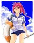  cloud contrapposto day hand_on_hip hiro_(chumo) i-168_(kantai_collection) innertube kantai_collection long_hair red_eyes red_hair school_swimsuit school_uniform serafuku smile solo standing swimsuit swimsuit_under_clothes torpedo 