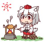  animal_ears boned_meat chibi detached_sleeves drooling feiton flat_color food grass hat inubashiri_momiji meat red_eyes roasting short_hair simple_background sitting smile solo tail tokin_hat touhou tree_stump white_background white_hair wolf_ears wolf_tail 