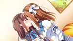  1boy 1girl blush bow bowtie brown_hair crossdressing eyes_closed game_cg highres kimishima_ao long_hair mitsu_king open_mouth otome_ga_kanaderu_koi_no_aria school_uniform trap tsukahara_izumi uniform yukishiro_kotori zinno 