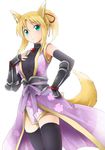  animal_ears black_legwear blonde_hair breasts dog_days fox_ears fox_tail green_eyes hand_on_hip hand_on_own_chest japanese_clothes jewelry large_breasts long_hair looking_at_viewer michii_yuuki ponytail render solo tail thighhighs transparent_background yukikaze_panettone 