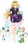  :d alternate_costume barefoot black_gloves blonde_hair curtsey dress efe elbow_gloves gloves hairband long_hair monogatari_(series) open_clothes open_mouth open_vest oshino_shinobu puffy_short_sleeves puffy_sleeves purple_dress short_sleeves smile snowflakes snowman solo standing standing_on_one_leg stuffed_animal stuffed_frog stuffed_toy tsukimonogatari very_long_hair vest yellow_eyes 