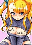 2015 aketa_chika asymmetrical_hair blue_eyes blush body_writing breast_squeeze breasts cleavage cleavage_cutout dress galko heart heart-shaped_pupils large_breasts long_hair looking_at_viewer meme_attire one_side_up open-chest_sweater oshiete!_galko-chan ribbed_sweater ribbon scrunchie solo sweater sweater_dress symbol-shaped_pupils thigh_ribbon turtleneck v_arms 