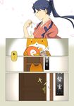  anchor_print bangs black_hair bone closed_eyes closing_door comic dog door frisbee hair_ribbon hand_up holding_necklace houshou_(kantai_collection) japanese_clothes jewelry kantai_collection kimono long_hair necklace non-human_admiral_(kantai_collection) parted_bangs ponytail ribbon ring shell shiba_inu sign smile suetake_(kinrui) tasuki translated wedding_band 