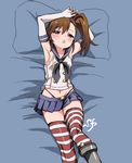  :o armpits arms_up black_panties blue_background brown_eyes brown_hair cosplay elbow_gloves futami_mami gloves highleg highleg_panties idolmaster idolmaster_(classic) kantai_collection lying navel on_back open_mouth panties pillow shift_(waage) shimakaze_(kantai_collection) shimakaze_(kantai_collection)_(cosplay) side_ponytail solo striped striped_legwear thighhighs underwear white_gloves 