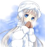  blue_eyes coat haruno_(macoro) hat little_busters! long_hair mittens noumi_kudryavka russian scarf silver_hair solo translated winter_clothes 
