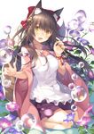  animal_ears apron blush brown_hair bubble bubble_pipe flower fox_ears fox_tail hair_ornament japanese_clothes kanzashi kimono long_hair looking_at_viewer morning_glory original rie_(reverie) seiza sitting soap_bubbles solo tail wariza yellow_eyes 