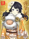  2015 black_hair blue_eyes chinese_zodiac earrings flower hair_flower hair_ornament jchoy jewelry long_hair new_year original sheep smile solo twintails year_of_the_goat 