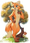  2018 4_fingers 4_toes anthro aruurara blep blue_eyes breasts brown_fur canine digitigrade featureless_crotch female flower fox fur grass hi_res mammal navel nude orange_fur plant simple_background solo standing toes tongue tongue_out tree white_background white_fur 