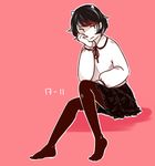  bad_id bad_pixiv_id black_hair black_skirt blouse ears hand_on_own_cheek horns kijin_seija long_sleeves looking_to_the_side multicolored_hair nekolina no_shoes pantyhose pink_background red_eyes red_hair ribbon short_hair sitting skirt solo streaked_hair touhou white_hair 