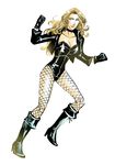  1girl black_canary blonde_hair blue_eyes boots dc_comics fishnets full_body gloves jacket leotard petri simple_background solo white_background 