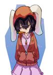 animal_ears black_hair bunny_ears carrot carrot_necklace contemporary food_in_mouth hashiro hood hoodie inaba_tewi jewelry pendant red_eyes short_hair solo touhou 