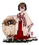  artist_name chihaya_(clothing) grass hair_ornament hakama japanese_clothes kanzashi miko new_year omoto original red_hakama sandals sheep simple_background smile solo standing tabi veil white_background zouri 