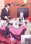  2girls afro amira_(shingeki_no_bahamut) bad_id bad_pixiv_id black_hair blue_eyes contemporary eating favaro_leone hair_ornament hairclip hat hat_removed headwear_removed kaisar_lidfald kotatsu kusuki_asato long_hair multiple_boys multiple_girls pink_hair pompadour red_hair rita_(shingeki_no_bahamut:_genesis) scar screen shingeki_no_bahamut shingeki_no_bahamut:_genesis short_hair sitting smile stitches table television twintails 