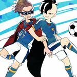  ball cape fudou_akio goggles inazuma_eleven inazuma_eleven_(series) inazuma_japan kidou_yuuto male_focus multiple_boys saku_anna soccer_ball soccer_uniform sportswear telstar 