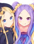  2girls :q abigail_williams_(fate/grand_order) bangs black_bow black_dress black_hat blonde_hair blue_eyes blush bow breasts chinese_clothes closed_mouth collarbone commentary_request dress fate/grand_order fate_(series) hair_bow hat long_hair long_sleeves looking_at_viewer meuneyu multiple_girls orange_bow parted_bangs polka_dot polka_dot_bow purple_eyes purple_hair simple_background sleeves_past_fingers sleeves_past_wrists small_breasts smile tongue tongue_out twintails very_long_hair white_background wu_zetian_(fate/grand_order) 