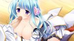  1girl areolae blue_hair blush breasts caressing_testicles censored collarbone fellatio flower game_cg hair_ornament highres jogasaki_kanade kimishima_ao large_breasts legs long_hair looking_up mitsu_king no_bra open_clothes oral otome_ga_kanaderu_koi_no_aria penis purple_eyes shoes sitting skirt thighs wooden_floor zinno 