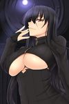  black_hair breasts bridal_gauntlets full_moon highres kurochijo large_breasts long_hair long_sleeves meme_attire moon night open-chest_sweater original red_eyes ribbed_sweater shuugetsu_karasu smirk solo sweater turtleneck underboob very_long_hair 