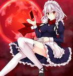  braid card full_moon izayoi_sakuya knife looking_at_viewer maid maid_headdress minami_machi moon red_eyes red_moon short_hair silver_hair solo thighhighs touhou twin_braids white_legwear 