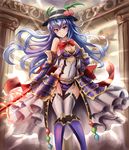  alternate_costume bare_shoulders blue_hair bow breasts cleavage covered_navel food fruit garter_straps gauntlets hat hinanawi_tenshi long_hair looking_at_viewer medium_breasts peach red_eyes solo sumapan sword_of_hisou thighhighs touhou 