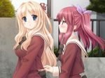  2girls blonde_hair blue_eyes blush couple fuguria fuguriya game_cg long_hair matsubara_yuuna multiple_girls oda_nanami peko red_eyes red_hair redhead ribbon school_uniform seifuku sono_hanabira_ni_kuchizuke_wo twintails yuri 