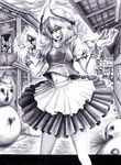  bracelet bucket eyes graphite_(medium) greyscale hane_(azelye) jewelry knife letty_whiterock midriff monochrome snowman solo touhou town traditional_media 