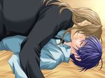  2boys bed blue_hair blush brown_hair eyes_closed game_cg jacket kiss long_hair lying male male_focus multiple_boys mutual_yaoi on_back pale pale_skin short_hair sweater yaoi 