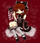  bow brown_eyes brown_hair detached_sleeves dress frills gohei gothic_lolita hair_bow hakurei_reimu lolita_fashion mary_janes niji_(nijioki) oonusa shoes short_hair solo touhou 