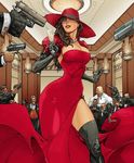  1girl abs aiming black_gloves black_legwear boots breasts brown_hair carmen_sanddiego carmen_sandiego cleavage dress earrings elbow_gloves gloves goblet gun handgun hat jewelry kenneth_rocafort large_breasts lipstick long_hair madame_mirage makeup necklace pearl_necklace photoshop pistol recolor red_dress side_slit strapless strapless_dress surrounded thigh-highs thigh_boots thighhighs veil weapon 