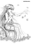  copyright_request dress flower greyscale hair_ribbon highres long_hair monochrome ribbon sayori sketch solo wheelchair 