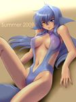  2009 :p animal_ears blue_hair casual_one-piece_swimsuit dog_ears fang follower_(yagisaka_seto) genderswap genderswap_(mtf) heterochromia highres long_hair navel one-piece_swimsuit original solo swimsuit tail tongue tongue_out yagisaka_seto 