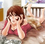  bad_id bad_pixiv_id barefoot bed blue_nails breasts brown_eyes brown_hair cat cleavage collarbone fingernails large_breasts lips lying multicolored multicolored_nails nail_art nail_polish noisy_town original pink_nails solo sweater 