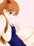  asamiya blue_eyes flat_chest long_hair neon_genesis_evangelion one-piece_swimsuit orange_hair school_swimsuit sitting smile solo souryuu_asuka_langley swimsuit thigh_gap 