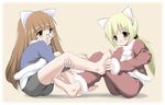  2girls animal_ears barefoot blonde_hair brown_eyes brown_hair cat_ears feet foot_tickling glasses green_eyes long_hair multiple_girls simple_background tickling 