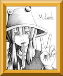  bad_id bad_pixiv_id bags_under_eyes character_name constricted_pupils frame graphite_(medium) hane_(azelye) hat long_tongue monochrome moriya_suwako portrait sidelocks solo tongue touhou traditional_media v wide-eyed 