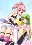  anya_alstreim asano_akira blush c.c. code_geass green_hair long_hair midriff multiple_girls pink_hair red_eyes thighhighs undressing yellow_eyes 