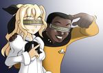  1girl black_hair blonde_hair bow breasts crossover dark_skin geordi_la_forge gradient gradient_background katawa_shoujo long_hair medium_breasts mugenjohncel puffy_sleeves satou_lilly school_uniform smile star_trek star_trek:_the_next_generation visor 