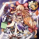  bottle bow chain drunk explosion full_body haru_ion horns ibuki_suika long_hair looking_at_viewer low-tied_long_hair oni red_bow red_eyes red_hair shaded_face solo touhou very_long_hair 