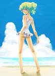  1girl adjusting_clothes adjusting_swimsuit ass bad_id bad_pixiv_id barefoot beach cloud day full_body highres legs long_legs looking_back multicolored multicolored_eyes multicolored_hair nagian nia_teppelin ocean one-piece_swimsuit outdoors ponytail sand sky smile solo standing swimsuit tengen_toppa_gurren_lagann 