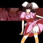  :p animal_ears black_hair bloomers blush bunny_ears dress dress_lift inaba_tewi pink_dress red_eyes sakurame short_hair solo standing tongue tongue_out touhou underwear zoom_layer 