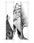  absurdres blood eyes fan graphite_(medium) greyscale hair_over_one_eye hane_(azelye) highres monochrome solo touhou traditional_media tree yakumo_yukari 