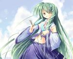  :p ;p bad_id bad_pixiv_id food green_hair hair_ornament itsutsuki kochiya_sanae long_hair midriff one_eye_closed popsicle solo tongue tongue_out touhou very_long_hair yellow_eyes 