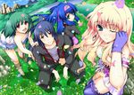  3girls ahoge blue_eyes blue_hair brown_eyes earrings fang flower green_eyes green_hair jewelry klan_klein kotobuki_utage macross macross_frontier multiple_girls one_eye_closed ponytail ranka_lee saotome_alto sheryl_nome thighhighs 