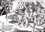  alternate_weapon coin egasumi flower graphite_(medium) greyscale hane_(azelye) monochrome multiple_girls onozuka_komachi river rod_of_remorse scythe shiki_eiki touhou traditional_media weapon 