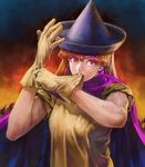  alena_(dq4) biting cape curly_hair diolemonde dragon_quest dragon_quest_iv glove_biting gloves hat highres mouth_hold muscle orange_hair red_eyes solo witch_hat 